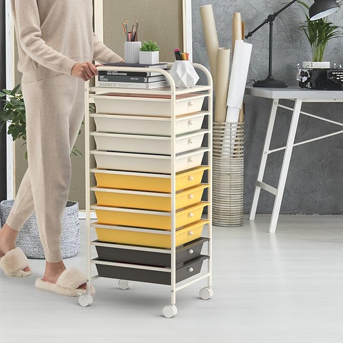 Storage Cart, Rolling Utility Cart with 10 Drawers, Portable Handles & Lockable Wheels, Mobile Paper Toys Storage Organizer Large Capacity for Home Office School Teacher (Yellow)