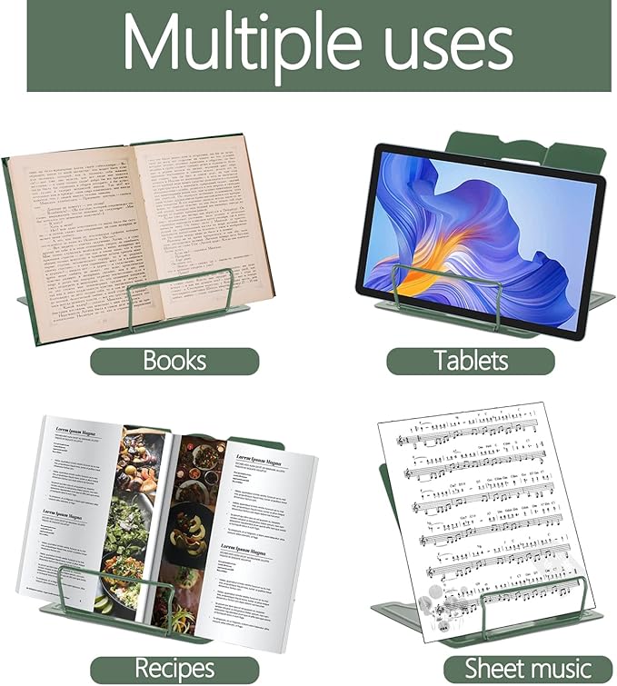 Metal Book Stand - Adjustable Book Holder for Reading (Full Green)