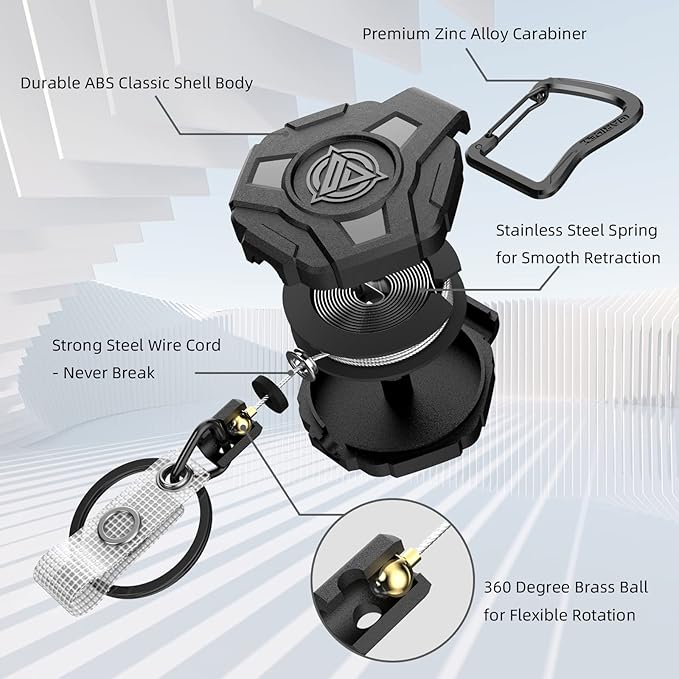 Retractable Keychain Heavy Duty, Badge Reels Retractable, Tactical ID Badge Holder with Upgraded Zinc Alloy Carabiner, 31.5'' Coated Steel Cord, Bearing 8.0 oz- 1pcs