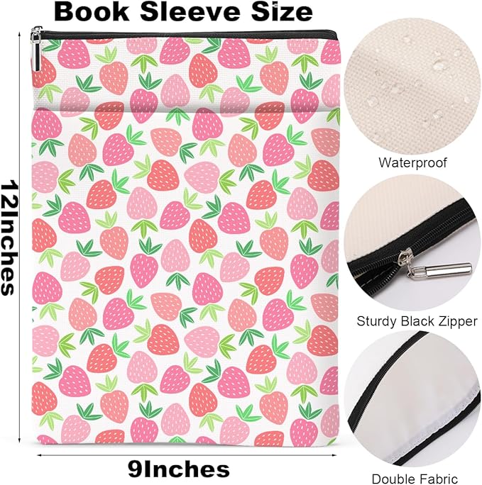 Strawberry Pattern Book Lovers Gifts Waterproof Book Sleeve Book Pouch Book Protector with Zipper and Front Pocket BookCover Case for Women Girl Sister Bestie Book Accessories Book Club Gifts