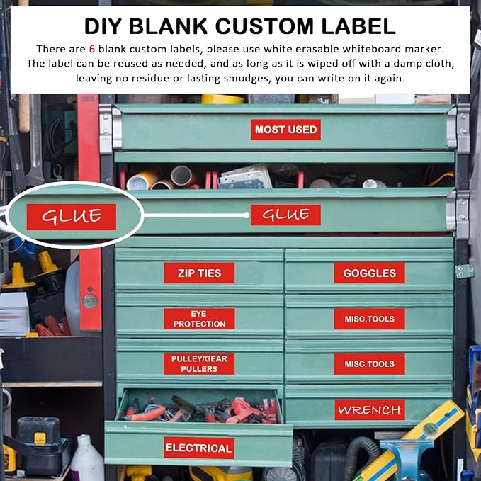 Tool Box Organization Magnetic Labels,Tool Chest Organizer Labels with Strong Magnets,Easy to Read Printing - Fits All Brands of Steel Tool Box Drawers,Red-(72 Pcs, 4 x 1 Inches)