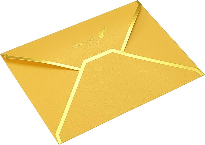 PATIKIL V Flap Envelopes, 10 Pack 7 x 5'' Luxury Style Gold Border Greeting Card Envelope for Invitations Weddings, Yellow