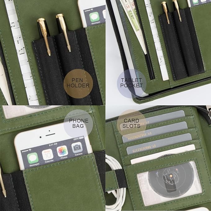 Personalized Leather Portfolio with Zipper, Professional Business Padfolio with A4/US Letter Writing Pad holder, Folio for Men and Women, Green