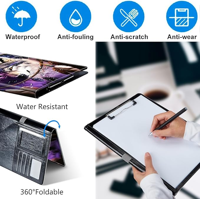 Dream Chasing Wolf Padfolio Folder with Clipboard,Portfolios Organizer Clipboards with Storage Clipboard Writing Pad PU Leather Conference Document Organizer with Business Card Holder