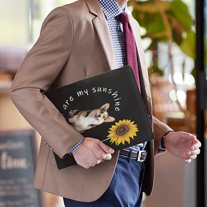 Office Folder Cute Dog Sunflower Print PU Leather Padfolio with A4 Size Clipboard Clip for Business Resume Interview Document Sleeve Binder Folder for Men/Women