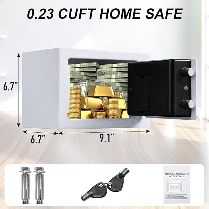 Tenamic Safe Box 0.23 Cubic Feet Electronic Digital Security Box, Keypad Lock Box Cabinet Safes, Solid Alloy Steel Office Hotel Home Safe, HB17 White