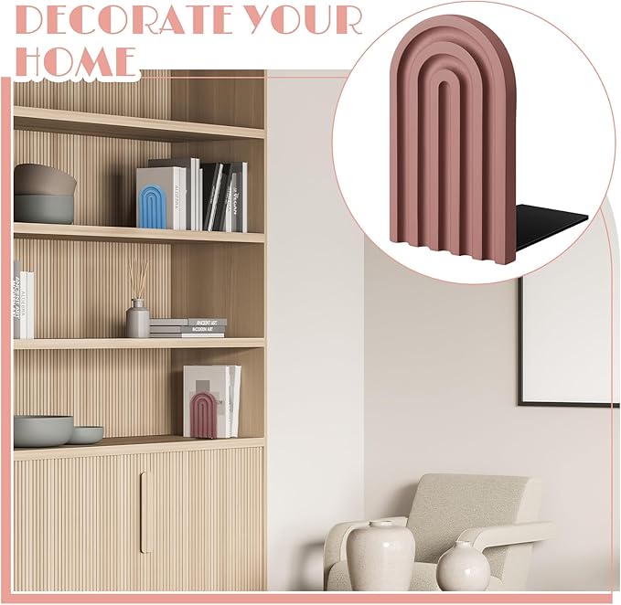 Harloon 4 Pieces Boho Arch Wood Bookends Rainbow Arch Back to School Gift Ideas Non Skid Bookend Decorative Wooden Book Stand Book Stoppers for Books Movies CDs(Morandi Color)