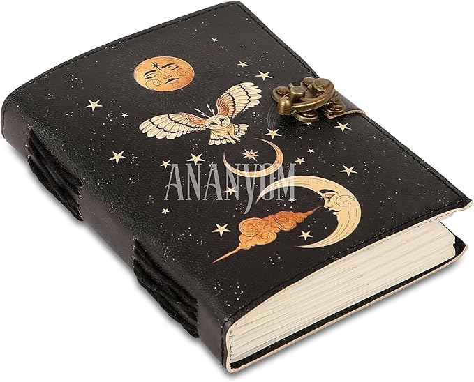 Handmade Leather Journal, Black, Sun & Moon Design, 7 x 5 Inch, 200 Unruled Pages, Hand Embossed, White Paper, Brass Clasp Lock, Vintage Notebook Diary, Sketchbook for Artists & Writers