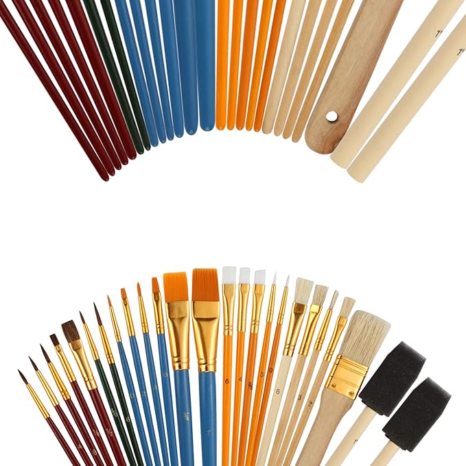 25 PCS All Purpose Paint Brush Set, Beginner, Paint, Craft, Multiple Mediums, Classroom - Assorted Paint Brushes Great with Acrylic, Oil, Watercolor, Gouache, Tempera Paints