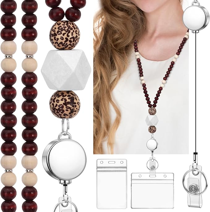 Teacher Lanyard with Id Holder, Cute Lanyards for Id Badges Keys, Retractable Natural Wooden Beaded Lanyard for Women