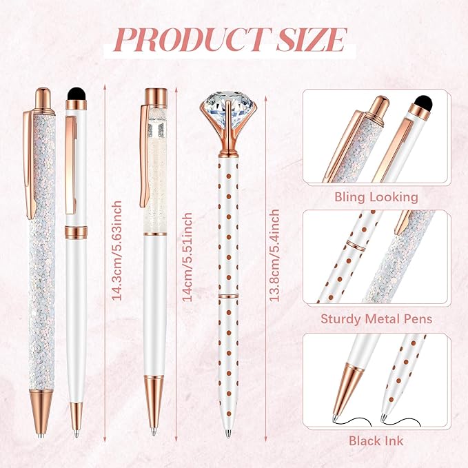 Sabary 8 Pcs Ballpoint Pens with Pen Holder for Desk Metal Crystal Diamond Pen Glitter Pencil Holder Fancy Pens Black Ink Bling Desk Organizer for Women Girls Office School Wedding Gifts (White)