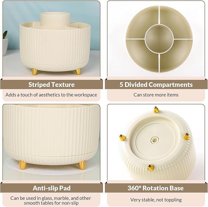 SKYDUE 360 Degree Rotating Desk Organizer, Dual-Purpose Pencil Pen Holder for Desk, Rotating Desk Pen Organizer with 5 Slots, Pencil Cup for Office, School, Home Beige