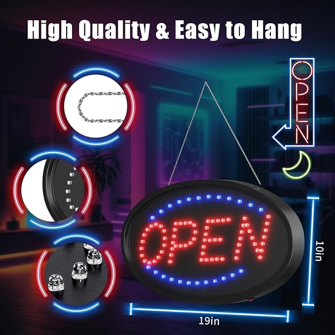 LED Open Sign for Business, Neon Open Sign LED Electronic Billboard Advertising Board Light Up Display Sign, 2 Modes Flashing Light for Wall, Window, Store, Bar, Cafe, Shop (Oval 19x10 in)