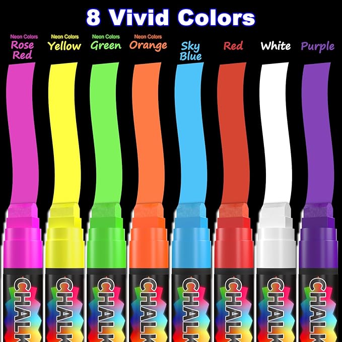 FansArriche Window Markers - 15mm Jumbo - 8 Pack of Neon Chalk Pens - Liquid Chalk Bright Car Markers, Chalkboard Markers for Windows, Blackboard, Glass, Signs, 3-in-1 nib