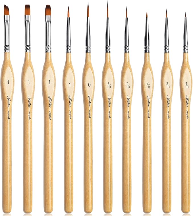 Golden Maple Miniature Paint Brushes 10pcs Detail Paint Brushes Flat Angle Filbert Fine Detail Brush Set for Acrylic, Watercolor, Dollhouse, Citadel, 40k.