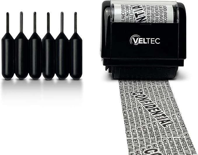 Veltec ID Protector Ink Roller - Identity Theft Protection Roller Stamp Set (Black, Stamp+6 Refills)