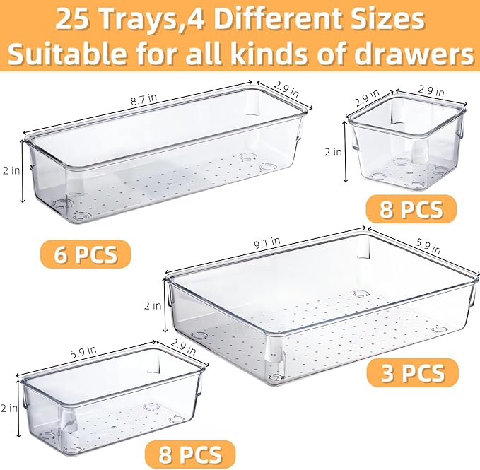 Drawer Organizer, Makeup Organizer, Desk Drawer Organizer, Acrylic Storage Bins for Makeup, Skincare, Jewelry, Office Supplies Used in Vanity, Kitchen, Bedroom, Bathroom, Office - 25pcs