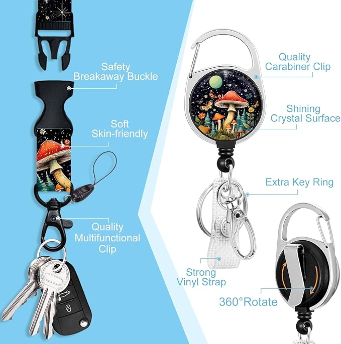 Lanyards for Id Badges, Cute Badge Holder with Retractable Reel Clip, Mushroom Work Name Tag Breakaway Lanyard Vertical ID Card Protector Case for Women Nurse Nursing Doctor Teacher Student