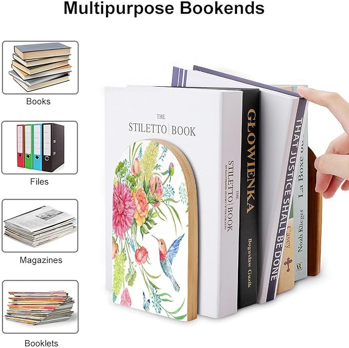 Hummingbird Butterfly Flowers Wooden Large Book Ends Bookends for Shelves, 2 Pack Non-Skid Bookends for Heave Books, Book Stoppers Holders for Kitchen Office Library, 6.7x4.7x3.9in