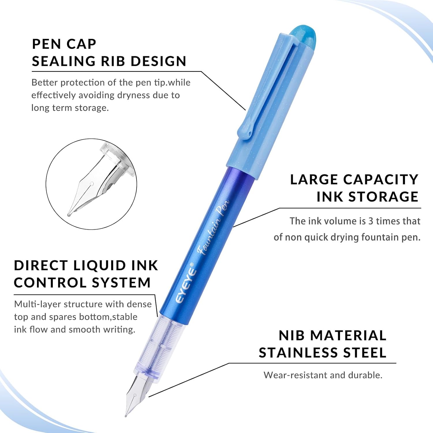 EYEYE Disposable Fountain Pens for Writing, Medium Point Stainless Steel Nib, Pack of 8 Assorted Colors