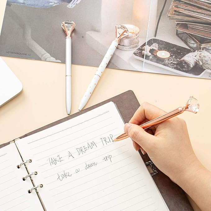 PASISIBICK 3 PCS Crystal Diamond Ballpoint Pen Bling Metal Pen Office Supplies, Rose Gold/Silver/White With Rose Polka Dots/Rose Gold With White Polka Dots, Includes 3 Pen Refills