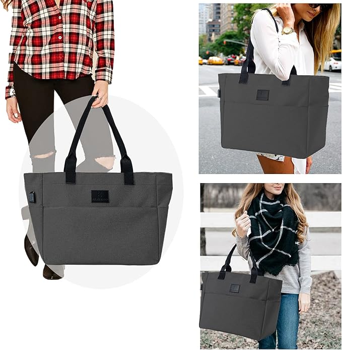 Tote Bag for Women Large Work Bags Laptop 15.6-17 Inch Handbag Purse Book Bag with Zipper for Nurse Teacher School, Blackgrey