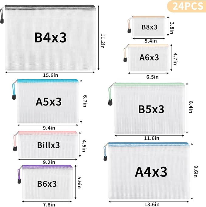 EOOUT 24pcs Mesh Zipper Pouch, Waterproof Zipper Bags, 8 Sizes Plastic Travel Pouch, 8 Colors, Multipurpose for Office Supplies and Travel Storage