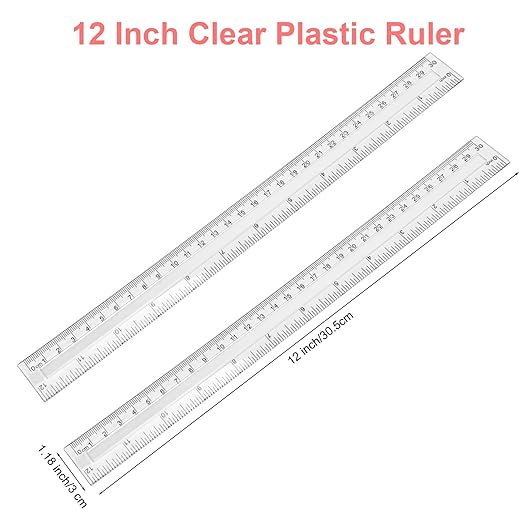 2 Pack-12 inch Clear Plastic Ruler Straight Shatterproof Transparent Rulers for Office Supply (Clear)