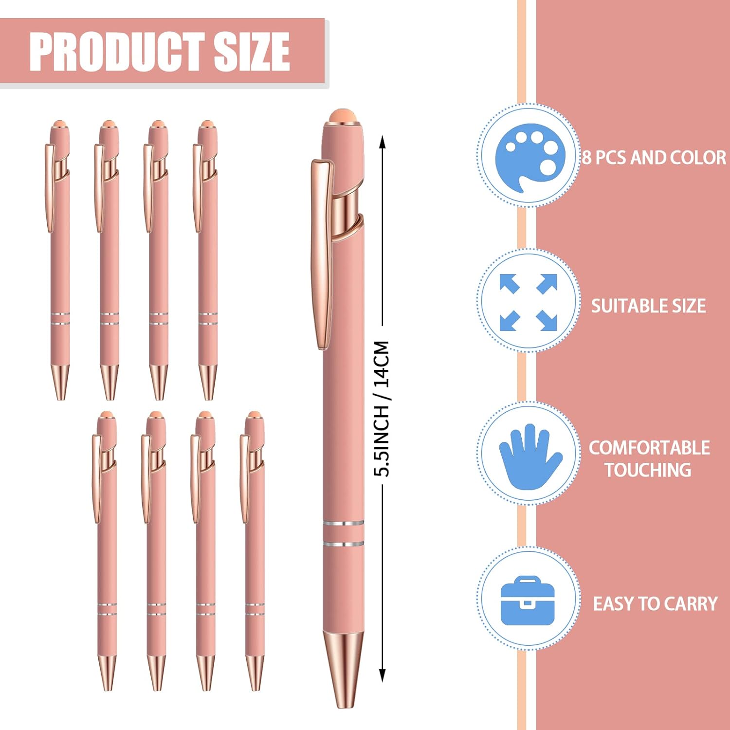 8 Pcs Blue Ink Ballpoint Pen with Stylus Tip 2 in 1 Stylus Ballpoint Pen Metal Pens Stylus Pen for Touch Screens School Office Coworkers (Pink Rose Gold)