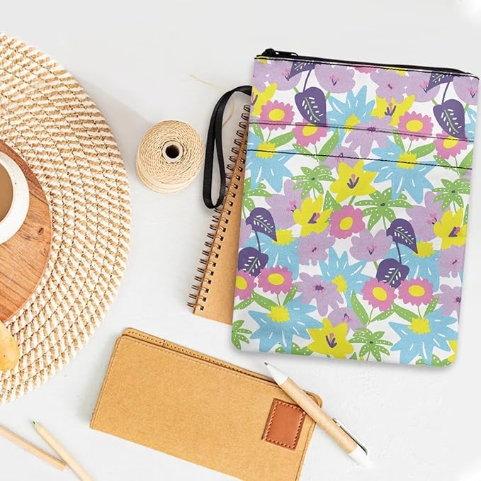 COEQINE Floral Book Sleeve with Zipper Washable Chain Portable Book Case Pouch for Paperbacks Book Covers for Soft Cover Books