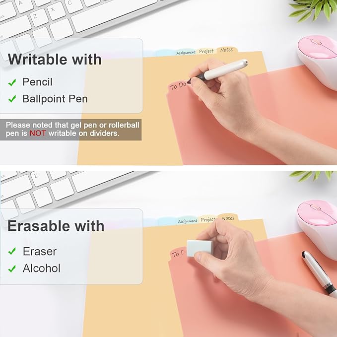 24 Count/3 Sets Write & Erase Binder Dividers with Tabs, Durable Plastic 8 Tab Dividers for 3 Ring Binder Letter Size, Separators for Student School Home Office Document Organizer, Pastel