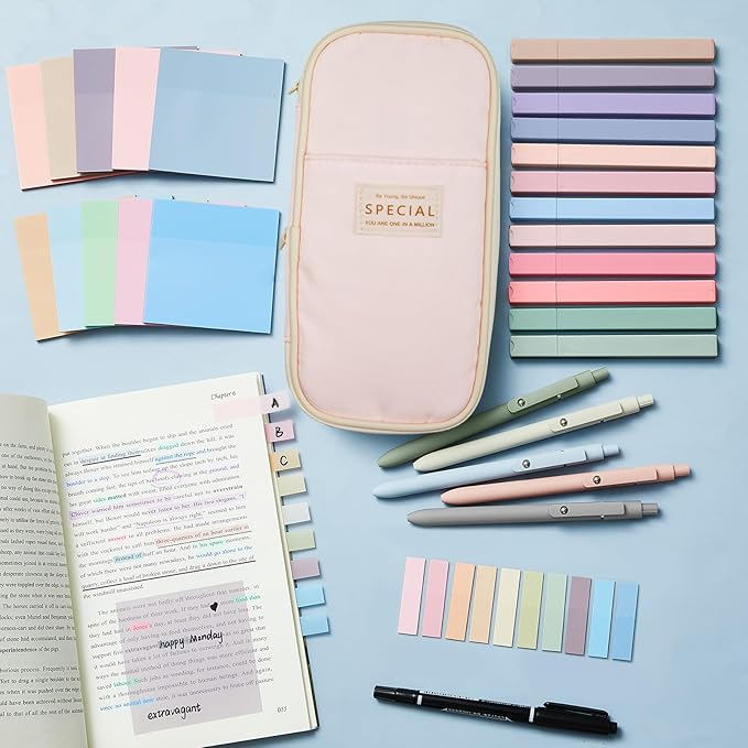 Jutom 39 Pcs Aesthetic Book Annotation Kit Pencil Case Bag with Highlighter Gel Pen 700 Sheets Transparent Sticky Notes Pads Index Tab Bible Study Supplies for School(Pink,Cute Style)