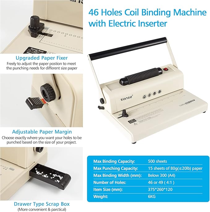 TIANSE Coil Binding Machine, Electric Coil Inserter, Manual Round Hole Punch, 15 Sheets Punch Capacity, Perfect for Letter Size / A4 / A5, Comes with 100pcs 5/16'' Plastic Coil Binding Spines & Plier