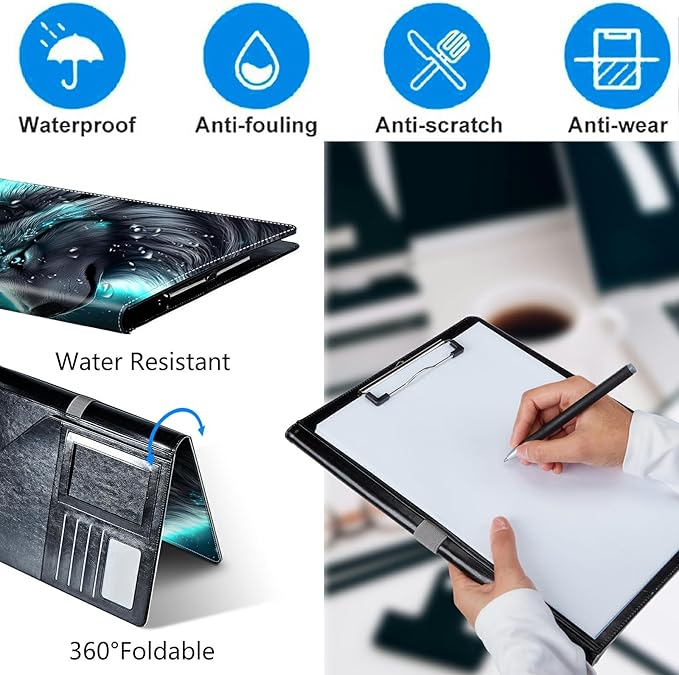 Wolf Padfolio Folder with Clipboard,Portfolios Organizer Clipboards with Storage Clipboard Writing Pad PU Leather Conference Document Organizer with Business Card Holder