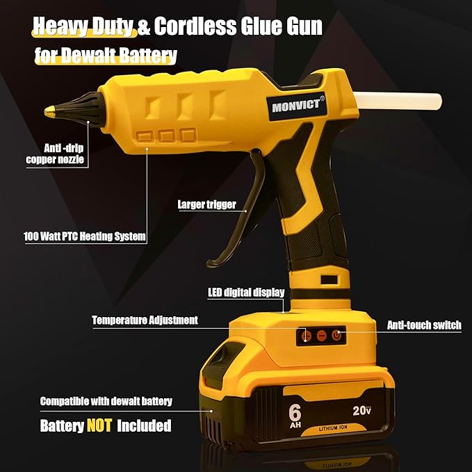MONVICT Cordless Glue Gun for Dewalt 20V Battery, Upgraded 100W Digital Temperature Adjustable Handheld Electric Power Full Size Heavy Duty Hot Glue Gun with 10 Glue Sticks (Battery Not Included)