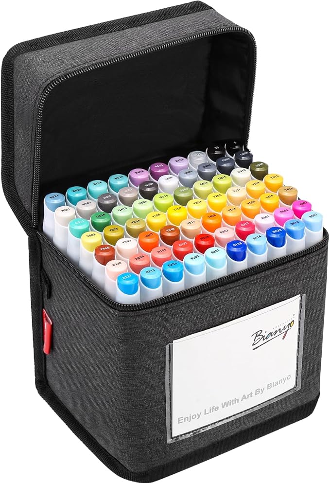Bianyo 72 Colors Alcohol Markers Set, Dual Tip Art Markers with Bullet & Chisel Tips, Black Case with Customizable Card – Ideal for Coloring, Drawing, and Sketching as Thanksgiving & Christmas Gifts