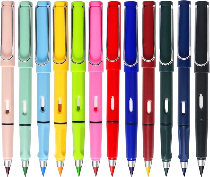 12Pack Forever Pencils for Kids Writing, Infinity Pencil Cute Inkless Everlasting Pencil with Eraser for Sketching (Colored)