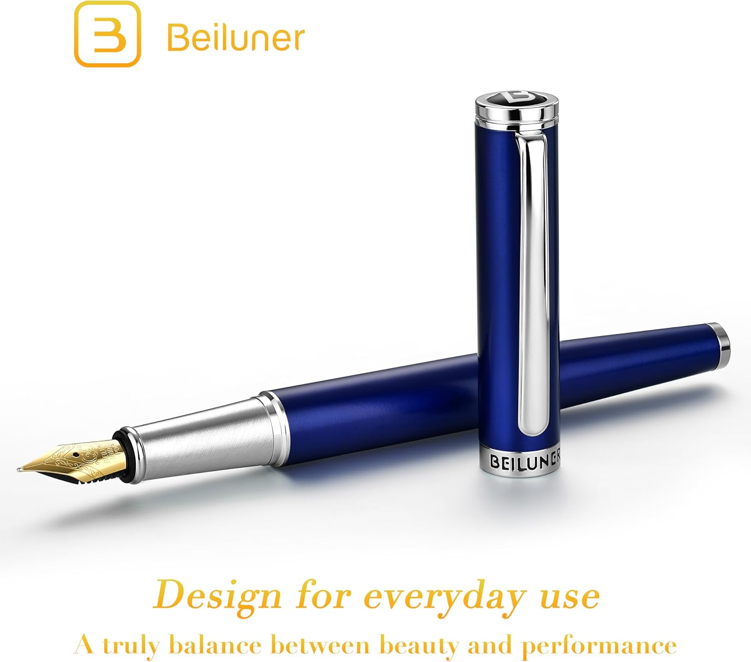 BEILUNER Luxury Fountain Pen Set,Solid 24K Gilded Medium Nib, Modern Classic Limited Edition -Includes 6 Ink Cartridges&Ink Refill Converter with Gift Case-Perfect for Men and Women（Charming blue）