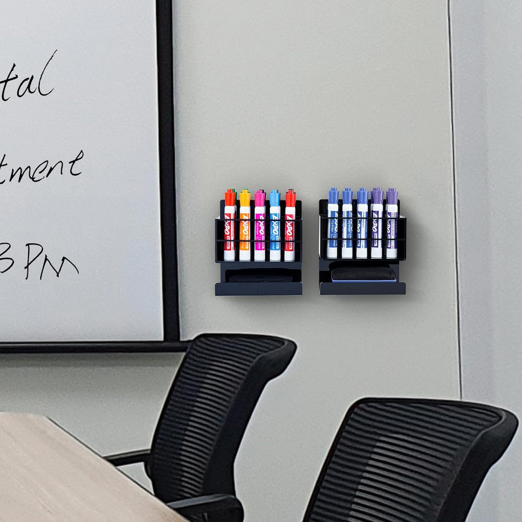 MyGift Wall Mounted Dry Erase Whiteboard Marker Holder Stand with 10 Marker Slots and Eraser Holder, Black Set of 2