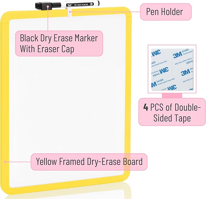Mr. Pen- Dry Erase Board, 14” x 11” with a Black Dry Erase Marker, Yellow Frame, Small White Board, White Board for Kids, White Board for Students, Small Dry Erase Board, Mini White Board