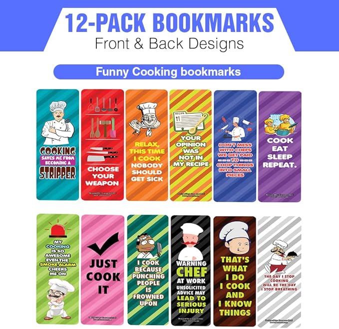 Creanoso Funny Cooking Bookmarks (2-Sets X 6 Cards) – Daily Inspirational Card Set – Interesting Book Page Clippers – Great Gifts for Adults and Professionals