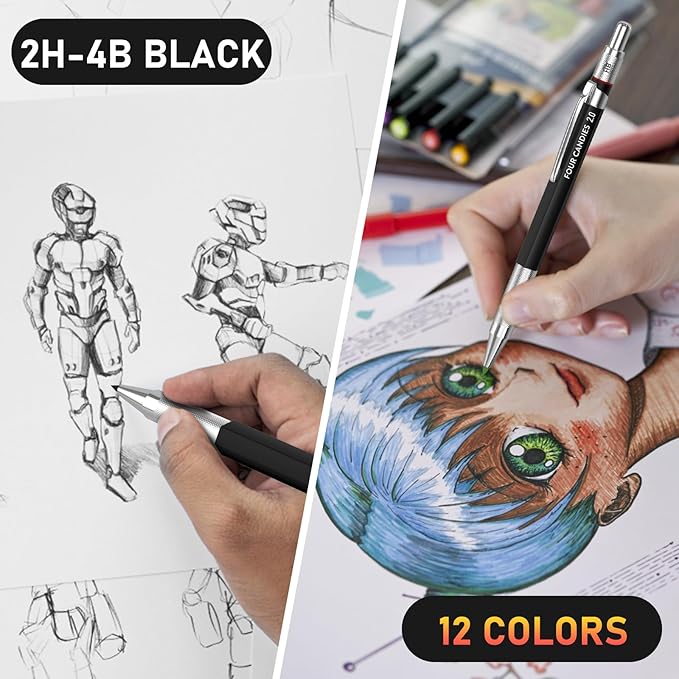 Four Candies 2MM Mechanical Pencil Set with case, Artist Lead Pencil Metal Lead Holder with 60PCS Graphite Lead Refill (HB, 2H, 2B, 4B, Color) kneaded eraser, Sharpener for Writing, Drawing, Sketching