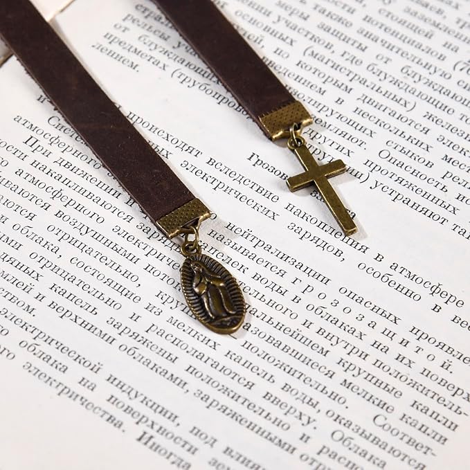 Bookmarks, Handmade Retro Cross Virgin Mary Bookmark with Long Leather Straps, Christian Saint Book Mark, Ideal Catholic Gift (Style 8)