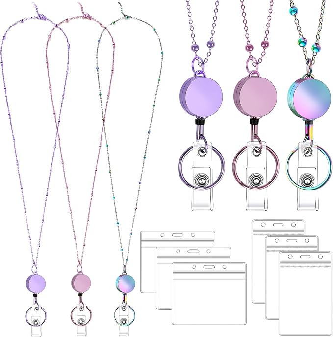 Lanyards for Id Badges 3 Pack Badge Lanyard with 6 Pcs Id Badge Holder Retractable Stainless Steel Teacher Lanyards Cruise Ship Lanyards for Girl Women (Purple, Pink, Bright Blue)