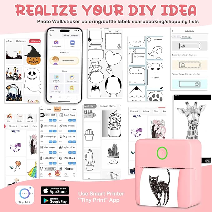 Mini Thermal Printer, Portable Mini Printer with 10 Rolls Printing Paper, Sticker Printer Machine, Mini Pocket Printer for Photos, Journals, DIY, Study Printer Compatible with Android & iOS