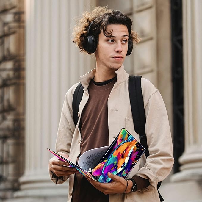 Fox Wearing Headphones Padfolio Folder with Clipboard,Portfolios Organizer Clipboards with Storage Clipboard Writing Pad PU Leather Conference Document Organizer with Business Card Holder