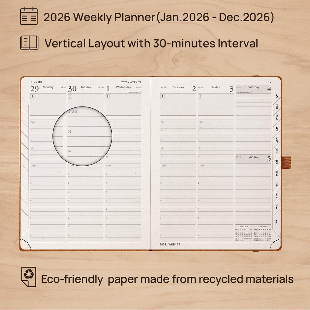 POPRUN 2026 Planner - 2026 Recycled Weekly Planner[6.5''x 8.5''- Italian Regenrated Leather Hard Cover] with Hourly Schedule & Vertical Weekly Layout, Monthly Tabs, Inner Pocket - Desert Brown