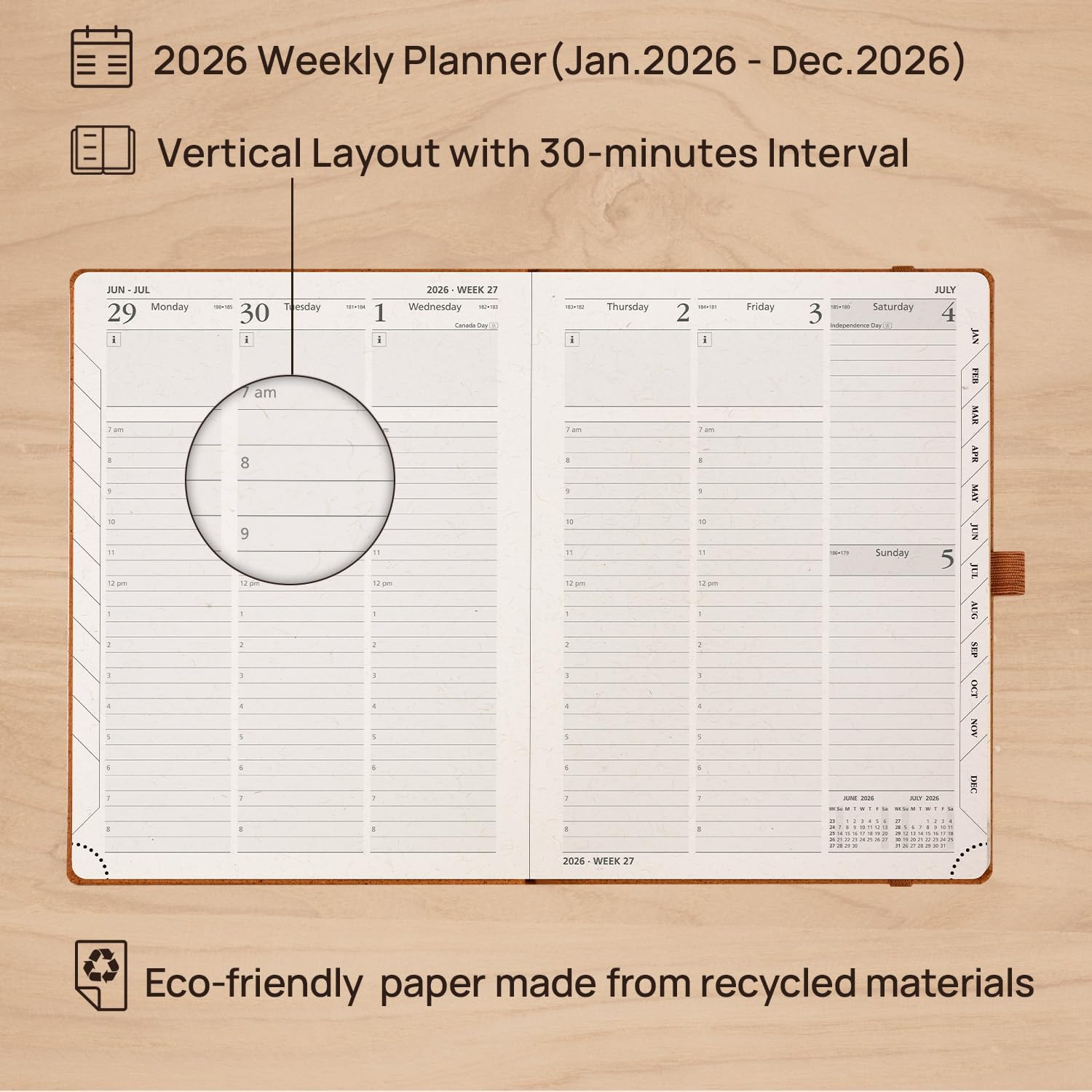 POPRUN 2026 Planner - 2026 Recycled Weekly Planner[6.5''x 8.5''- Italian Regenrated Leather Hard Cover] with Hourly Schedule & Vertical Weekly Layout, Monthly Tabs, Inner Pocket - Desert Brown