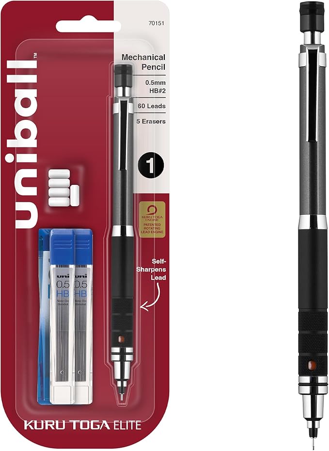 Uniball Kuru Toga Elite Mechanical Pencil Starter Kit with Gun Metal Barrel and 0.5mm Pencil Tip, 60 Lead Refills, and 5 Pencil Eraser Refills, HB #2, Office/School Supplies, Drafting