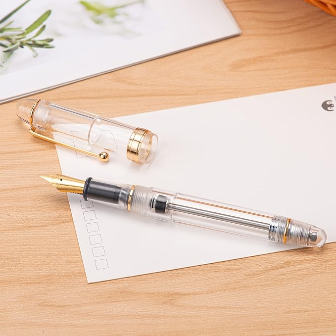 Asvine V126 Vacuum Filling Fountain Gold Plated Fine Point, Clear Demonstrator Pen, Large-Capacity with Gift Case